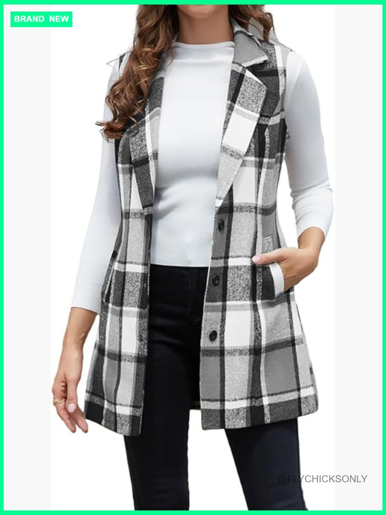 Sleeveless Wool Plaid Vest Slim Fit Notch Lapel